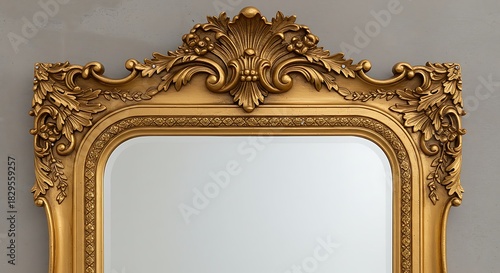 Ornate gold-framed mirror, reflecting a pale light, set against a neutral gray background