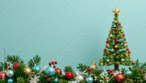 Wallpaper Mural Miniature Christmas tree with gold star sits above festive green pine boughs and colorful ornaments Torontodigital.ca