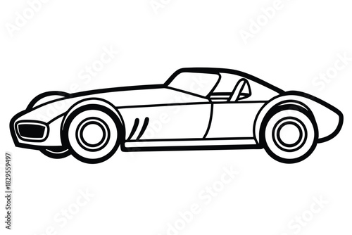 A cool retro sports car is illustrated with bold outlines in this monochrome image