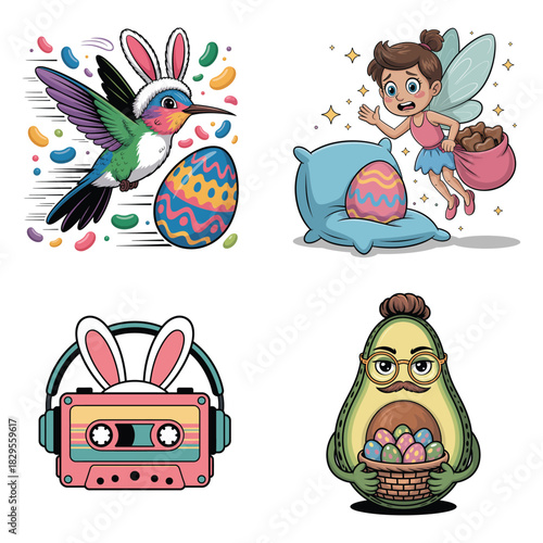 Hummingbird with bunny ears and Easter egg, fairy with pillow and egg, cassette tape, avocado man