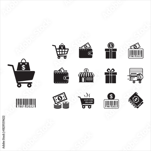 Shopping Icons Silhouette | Cart, Trolley, Wallet, Card, Store, Money, Gift, Delivery & Barcode Vector Set