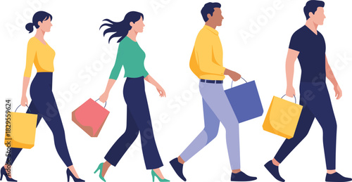 Group of people walking with shopping bags modern flat illustration shoppers carrying bags retail customers consumer lifestyle concept diversity