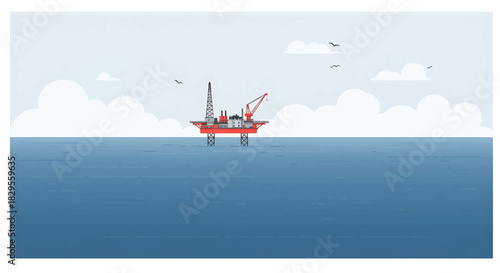 Offshore oil rig drilling platform at sea under a cloudy sky with seagulls overhead