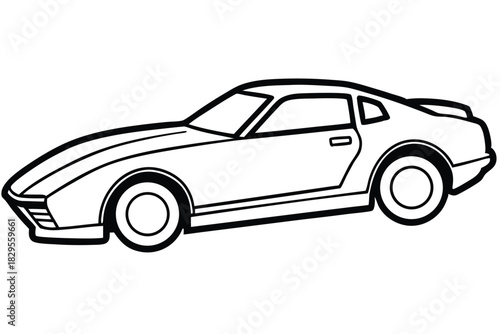 Elegant black outline shows a sports car with streamlined body on a white background