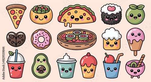 Kawaii Food Characters with Cute Faces and Bright Colors cartoon