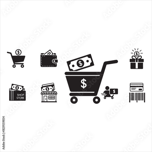 Shopping Icons Silhouette | Cart, Trolley, Wallet, Card, Store, Money, Gift, Delivery & Barcode Vector Set