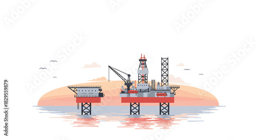 Offshore oil rig platform in the ocean at sunset, industrial energy exploration
