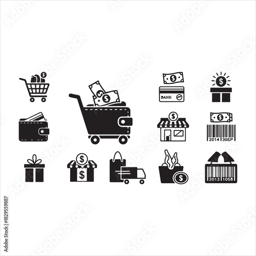 Shopping Icons Silhouette | Cart, Trolley, Wallet, Card, Store, Money, Gift, Delivery & Barcode Vector Set
