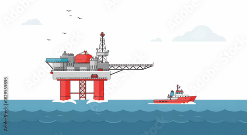 Offshore oil rig and support vessel in the ocean