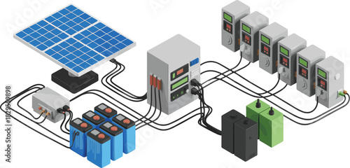 Isometric solar power system diagram with panels, charge controllers, inverters, batteries, energy storage units and connected renewable electricity components