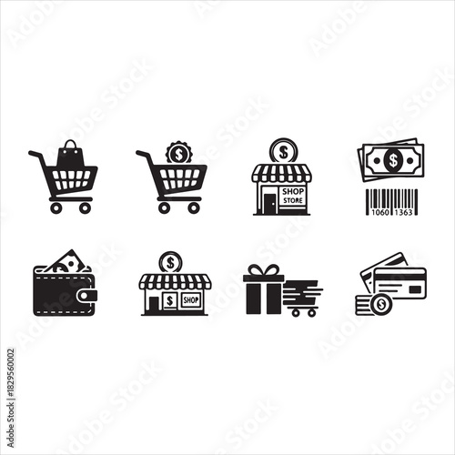 Shopping Icons Silhouette | Cart, Trolley, Wallet, Card, Store, Money, Gift, Delivery & Barcode Vector Set