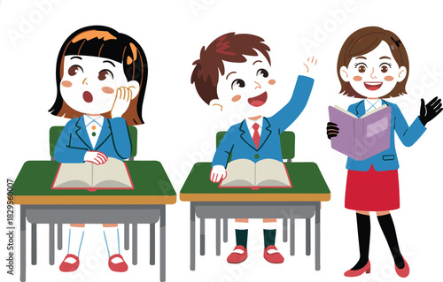 Cute cartoon teacher reading books with happy children, fun educational group activity illustration, kids learning together in classroom reading time