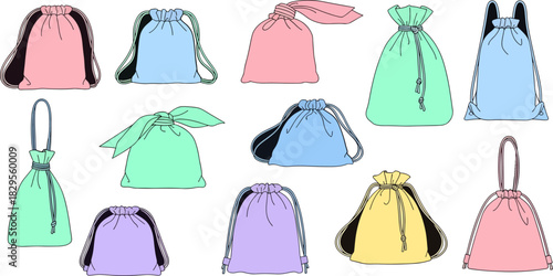 Colorful Drawstring Bags Set in Pastel Shades for Shopping or Storage