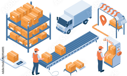 Isometric warehouse logistics scene with conveyor belts, package sorting, workers, delivery truck, storage shelves and modern parcel distribution process