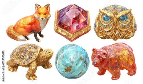Festive Sculpted Wildlife Tokens Featuring a Fox, Owl, Bear, and Turtle in Detail