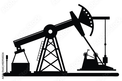 Silhouette of oil pump jack extraction, industrial rig for crude petroleum is shown
