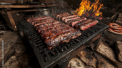 Fototapeta Naklejka Na Ścianę i Meble -  Succulent Meat Grilling Over Open Fire at an Outdoor Barbecue Event.