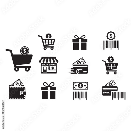 Shopping Icons Silhouette | Cart, Trolley, Wallet, Card, Store, Money, Gift, Delivery & Barcode Vector Set