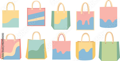 Colorful Patterned Paper Shopping Bags Set on White Background