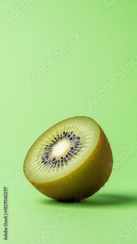 A halved golden kiwi fruit on a light green background.