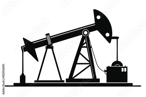 Black silhouette depicts a pumpjack extracting resources on a stark white background