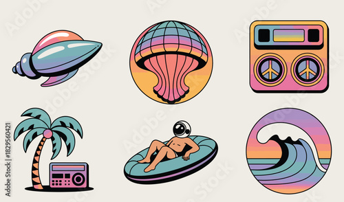 Retro-futuristic and psychedelic icons with space and beach themes Keywords: retro, futuristic