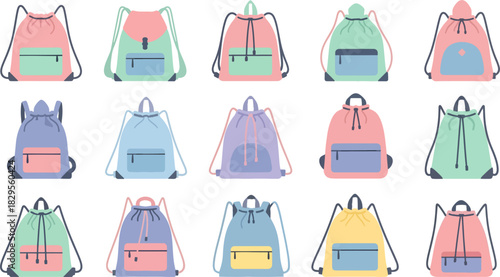 Colorful Backpacks in Pastel Shades Arranged in Row for School and Travel