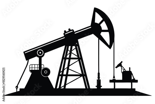 Silhouette shows an oil derrick and a smaller oil well working with white backdrop