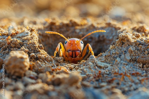 Large orange ant emerges from its burrow in sandy terrain under sunlight during the day