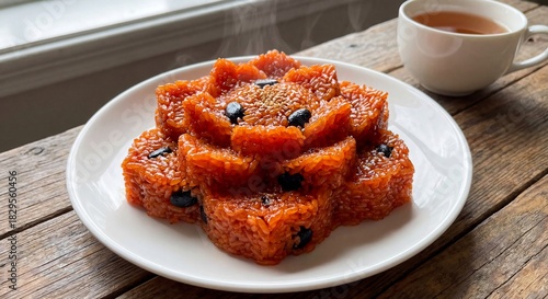 Plate of vietnamese red sticky rice xoi gac molded in flower shape with black beans steaming hot tet holiday food.