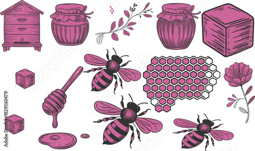 Hand drawn honey jars, bee hive, honeycomb pattern, floral branches, flying bee, botanical flowers, honey dipper, natural organic sweet illustration set