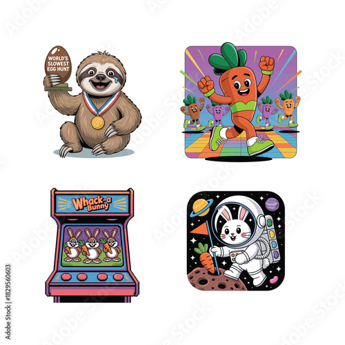 Sloth with trophy and carrot characters in race and arcade game Keywords: easter, egg hunt