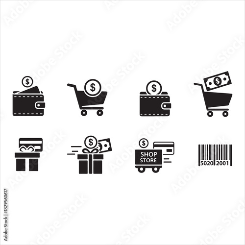 Shopping Icons Silhouette | Cart, Trolley, Wallet, Card, Store, Money, Gift, Delivery & Barcode Vector Set