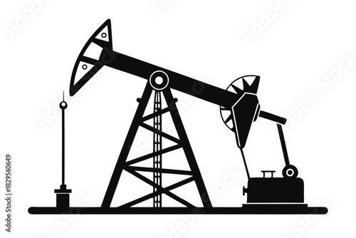 Industrial oil derrick with pumpjack extracts crude oil in minimalist black and white