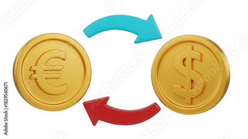 3d rendering of euro and dollar coins with exchange arrows symbolizing currency conversion and financial transaction isolated on transparent background