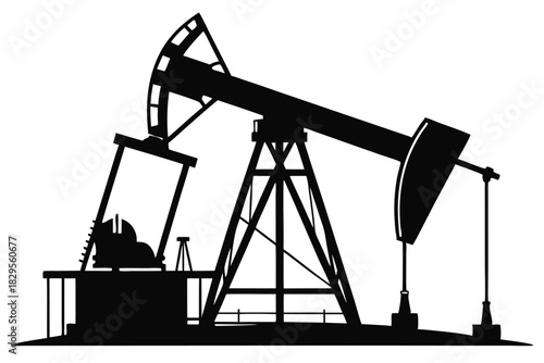 The silhouette shows a pump jack extracting petroleum; this equipment stands tall against the sky