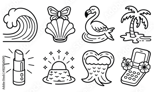 Summer vacation icons with wave flamingo seashell palm tree lipstick Keywords: wave, ocean