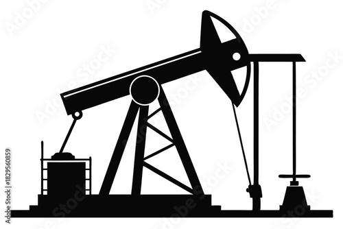 Industrial oil pumpjack silhouette stands strongly against the white background, depicting extraction