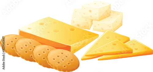cheese and biscuits, vector illustration of different types of cheese and biscuits