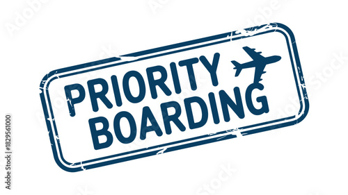 A blue priority boarding stamp with an airplane icon indicating early access for passengers travel