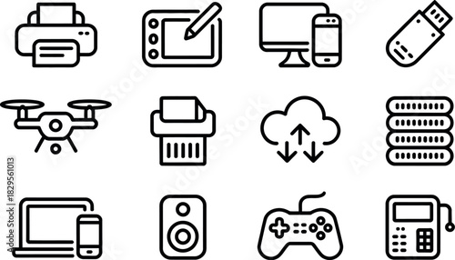 Modern technology and electronic devices line icons