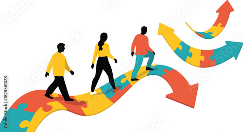 People walking on puzzle path with arrows direction choices teamwork guidance progress decision making colorful flat illustration group journey concept