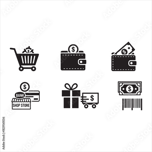 Shopping Icons Silhouette | Cart, Trolley, Wallet, Card, Store, Money, Gift, Delivery & Barcode Vector Set