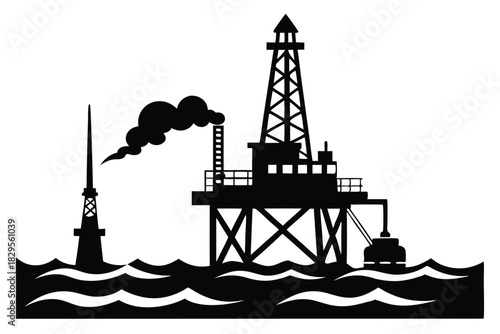 Black silhouette displays offshore platform and tower releasing smoke into ocean environment