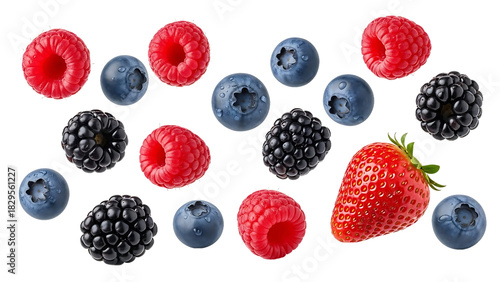 Wallpaper Mural Colorful mix of fresh berries raspberries, blueberries, blackberries, and a vibrant strawberry, scattered on a pure white background, perfect for healthy recipes and delicious snacks Torontodigital.ca