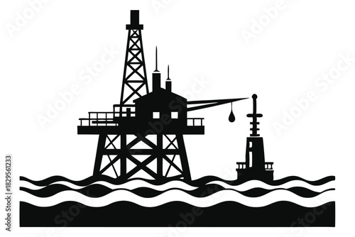 Silhouette shows a drilling rig and offshore platform on wavy ocean waters