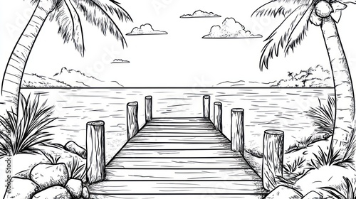 Hand-drawn tropical dock scene