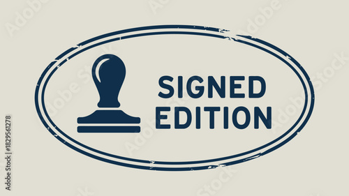 A blue signed edition stamp with an oval border on a light background with a stamp icon on the left