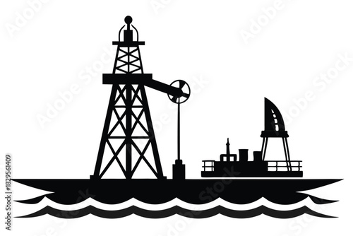A black silhouette shows oil rig and a boat at sea
