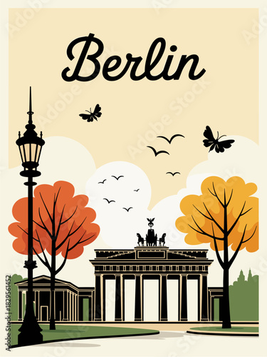 Flat retro vector poster of Berlin featuring the Brandenburg Gate and TV Tower in muted vintage tones with bold classic typography.